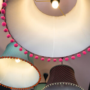42505903 - round stylish lampshades hang from ceiling