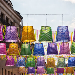 59125624 - outdoor decorative ornaments in the form of multi-colored lampshades
